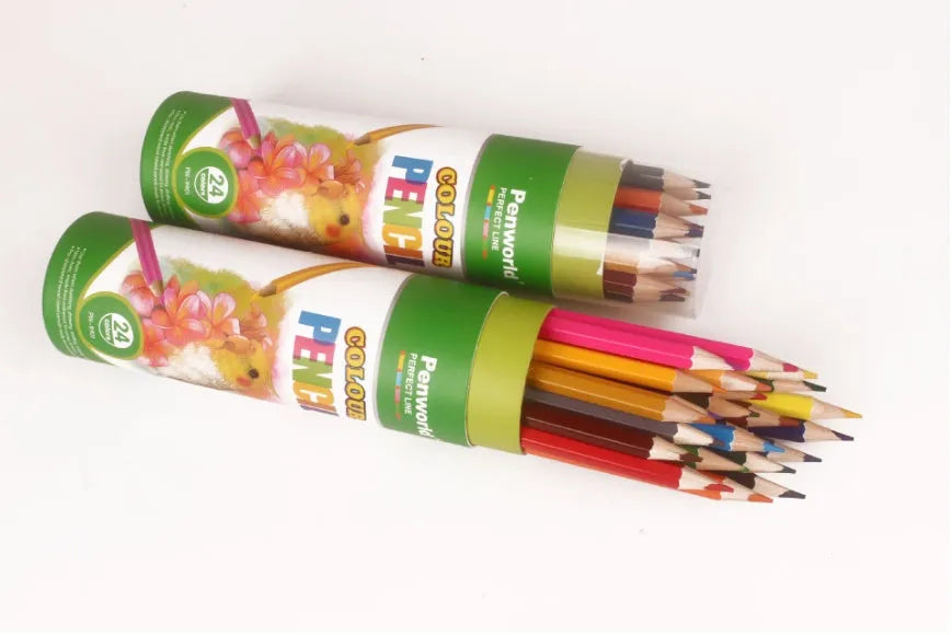 24-color wooden coloured pencil set in cardboard tube, assorted colours, 27.5 cm length