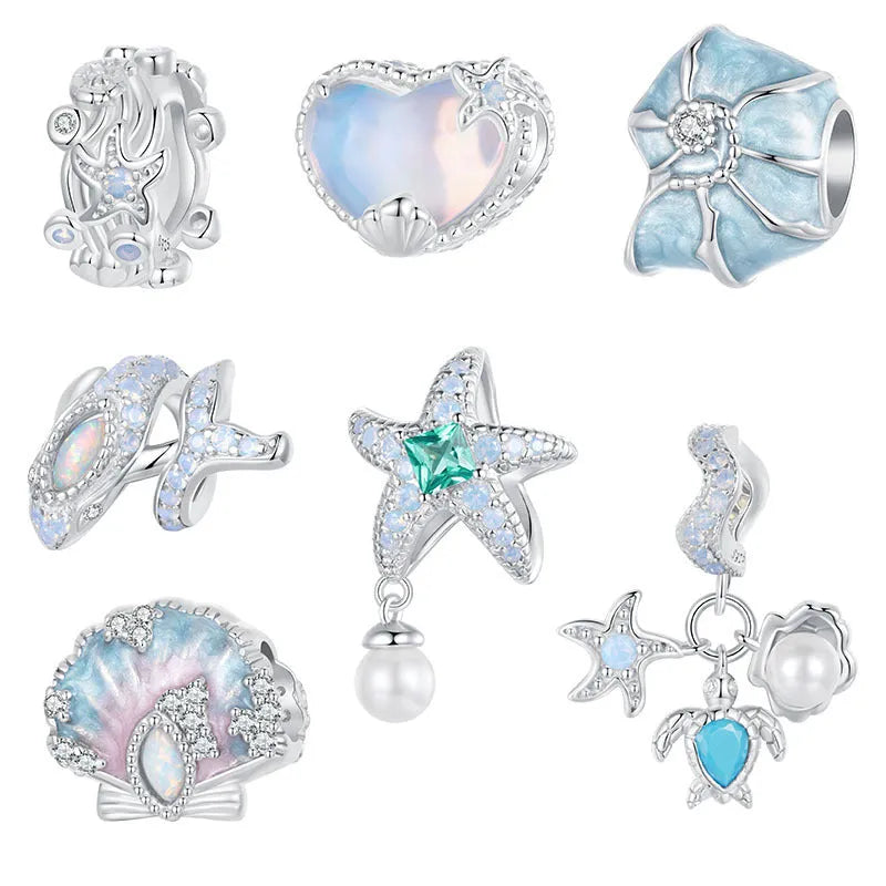 Ocean Wind Series 925 silver DIY bracelet beads with shell pattern and starfish element, 10x12mm size