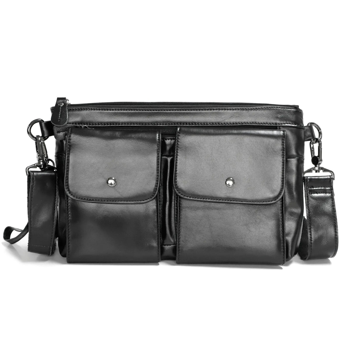 Men's genuine leather crossbody messenger bag in black solid colour on white background