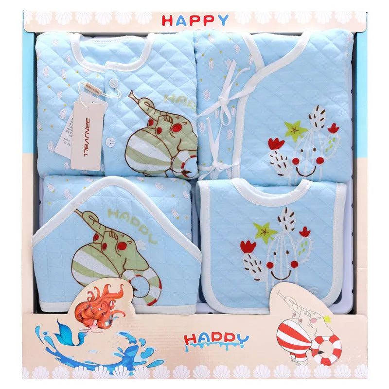 Baby gift box newborn set in blue colour showing clothing and accessories coordinated for a newborn up to 80cm