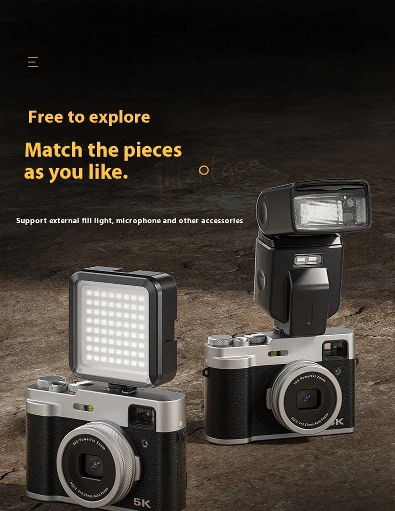 Black or brown 5K HD digital camera with dual lenses and an optical viewfinder on a table.