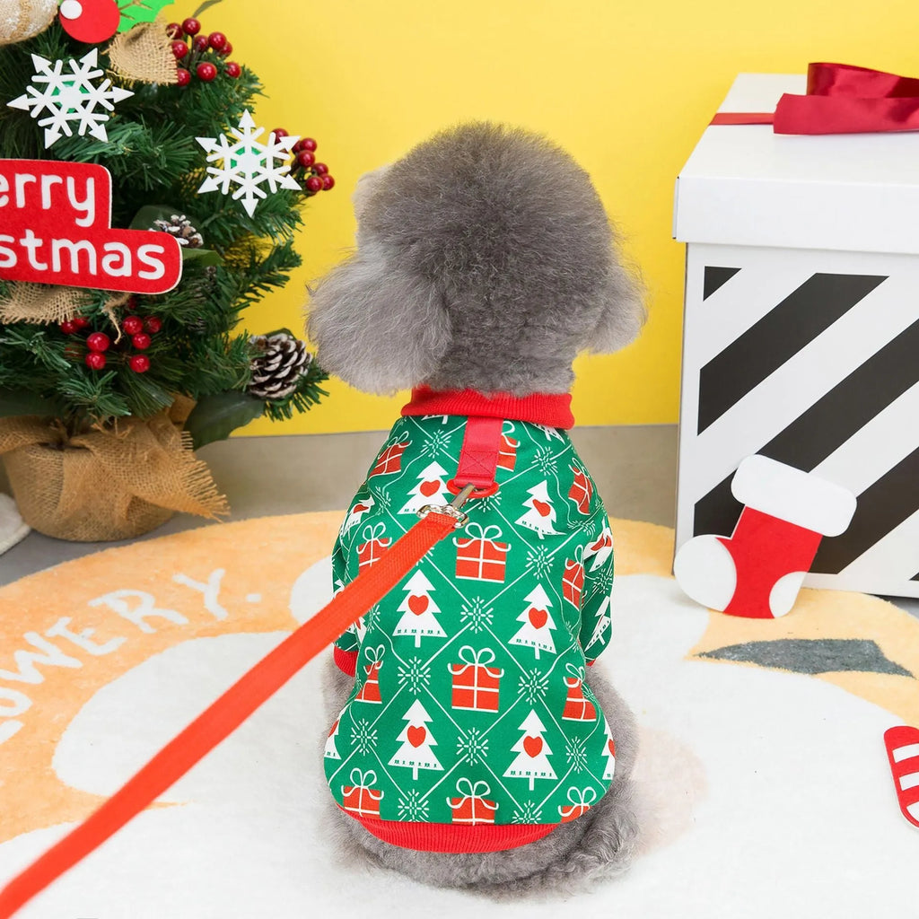 Festive green and red Christmas tree polyester hoodie for dogs, five sizes available