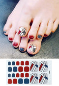 Cute waterproof foot nail sticker in pink colour on a toenail, with silver, wine red, and yellow colour options shown on the packaging