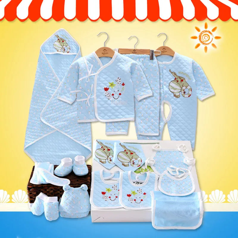 Baby gift box newborn set in blue colour showing clothing and accessories coordinated for a newborn up to 80cm