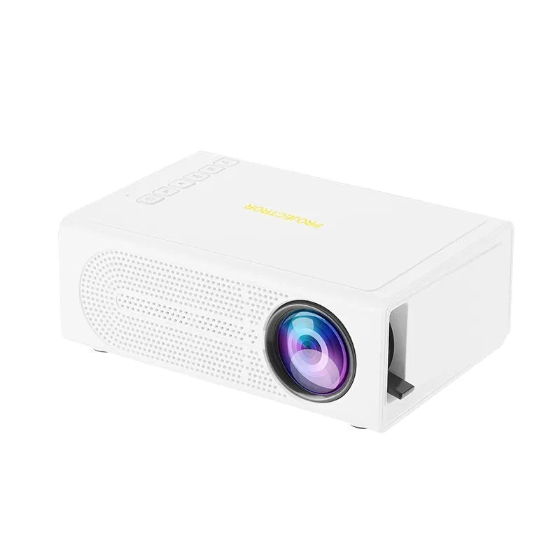 Black or white mini portable projector with wired mobile phone connection and international power plugs