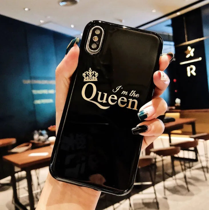 Cartoon crown phone case with KING QUEEN text for iPhone 6 6S 7 8 Plus X
