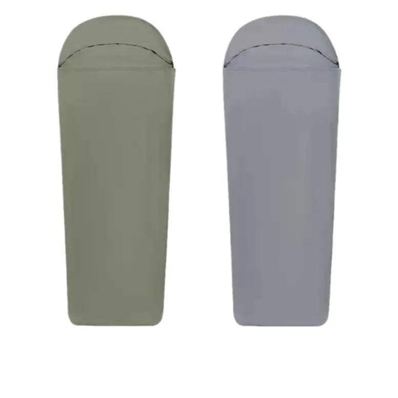 Blue mummy-style camping sleeping bag made from nylon fabric with compressed dimensions
