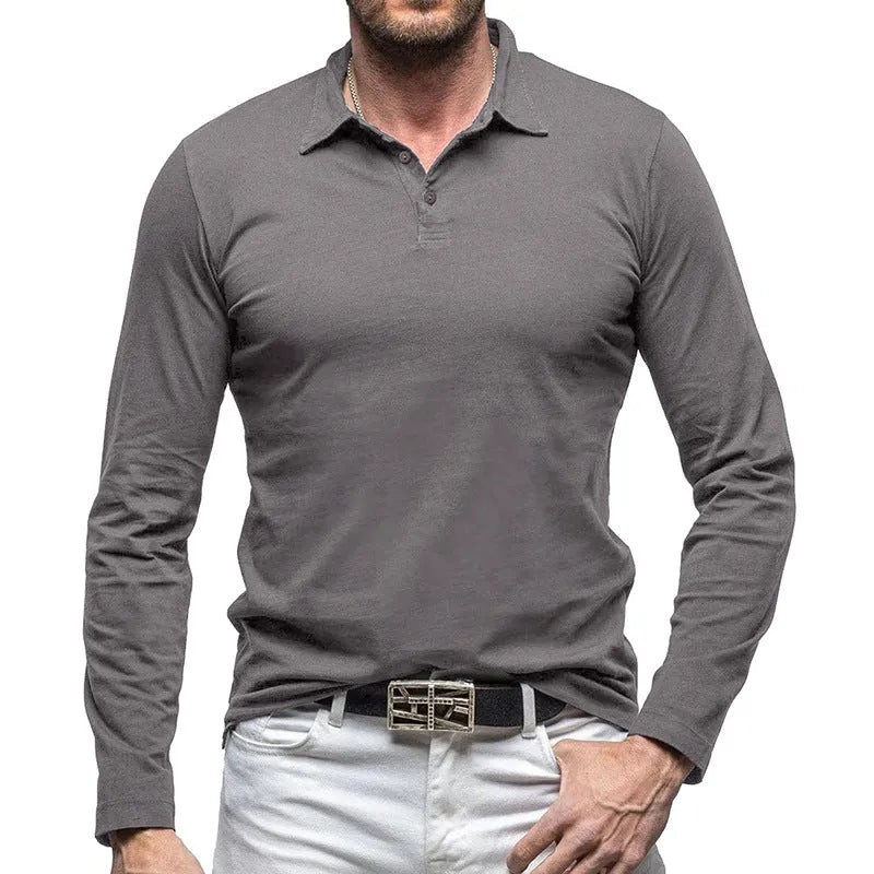Men's dark grey polo collar long sleeve cotton T-shirt in American retro style laid flat