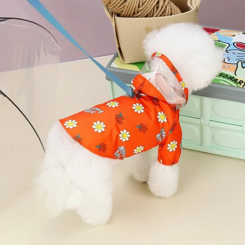 Transparent dog raincoat with two feet coverage and pull ring closure in small flower pattern
