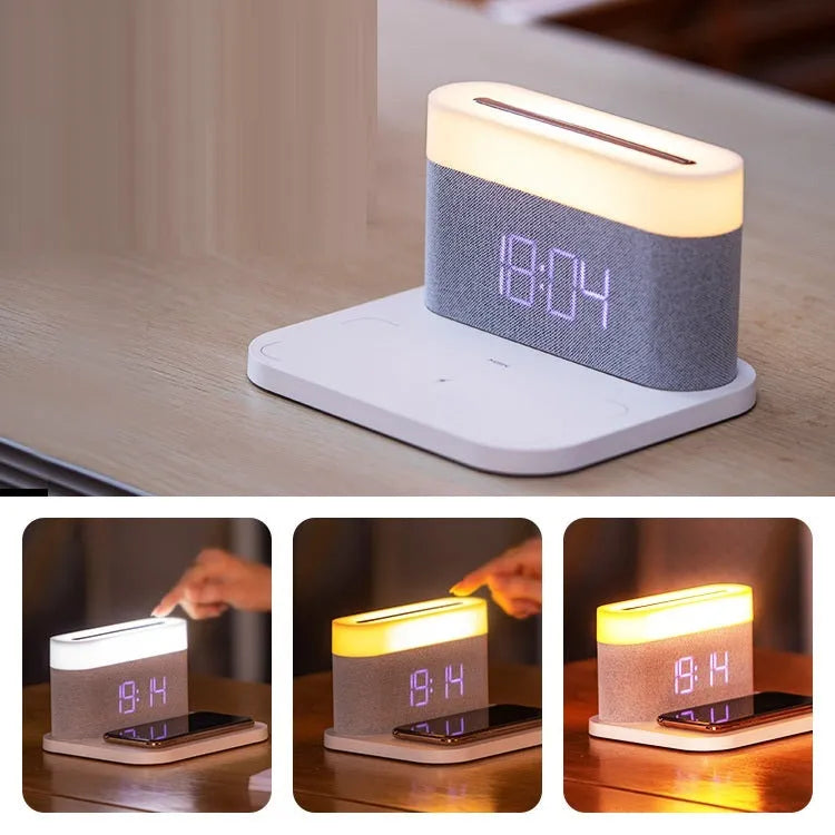 White bedside table lamp with integrated wireless phone charger and clock display