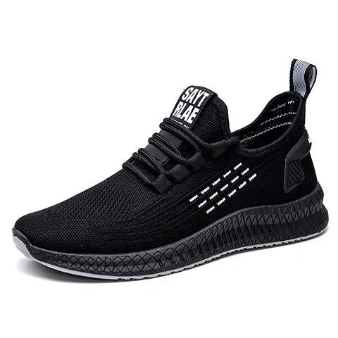 Men's black casual sports shoes with three white stripes and cross-strap detail on the Flying Weave upper.