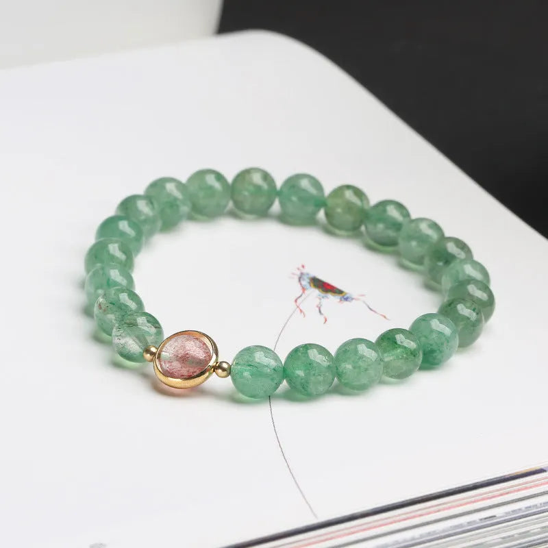 Women's green strawberry quartz 7.5mm bead bracelet with hand-woven Chinese style auspicious patterns