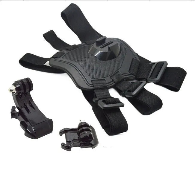 Black GoPro dog chest strap back mount harness on a dog, adjustable padded fit