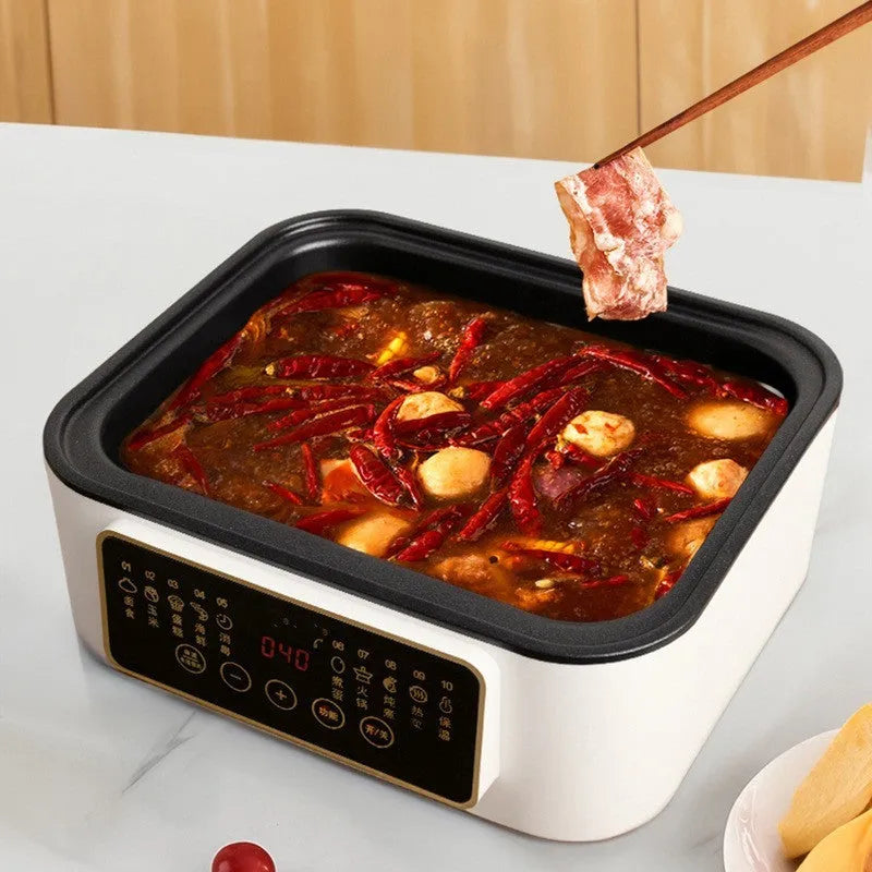 Electric steamer with stainless steel rack and automatic measuring features for household cooking