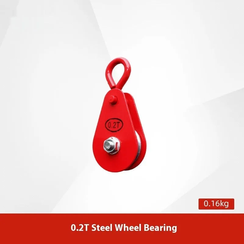 Red industrial lifting pulley with a forged steel safety latch hook and wire rope wheel.