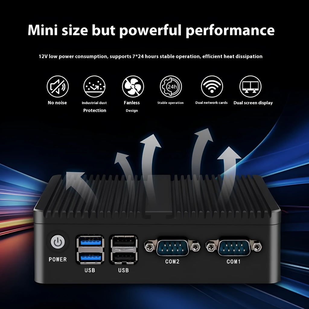 Compact industrial fanless mini PC with metal case, showing rear ports and small 13.6x12.7x4cm size.
