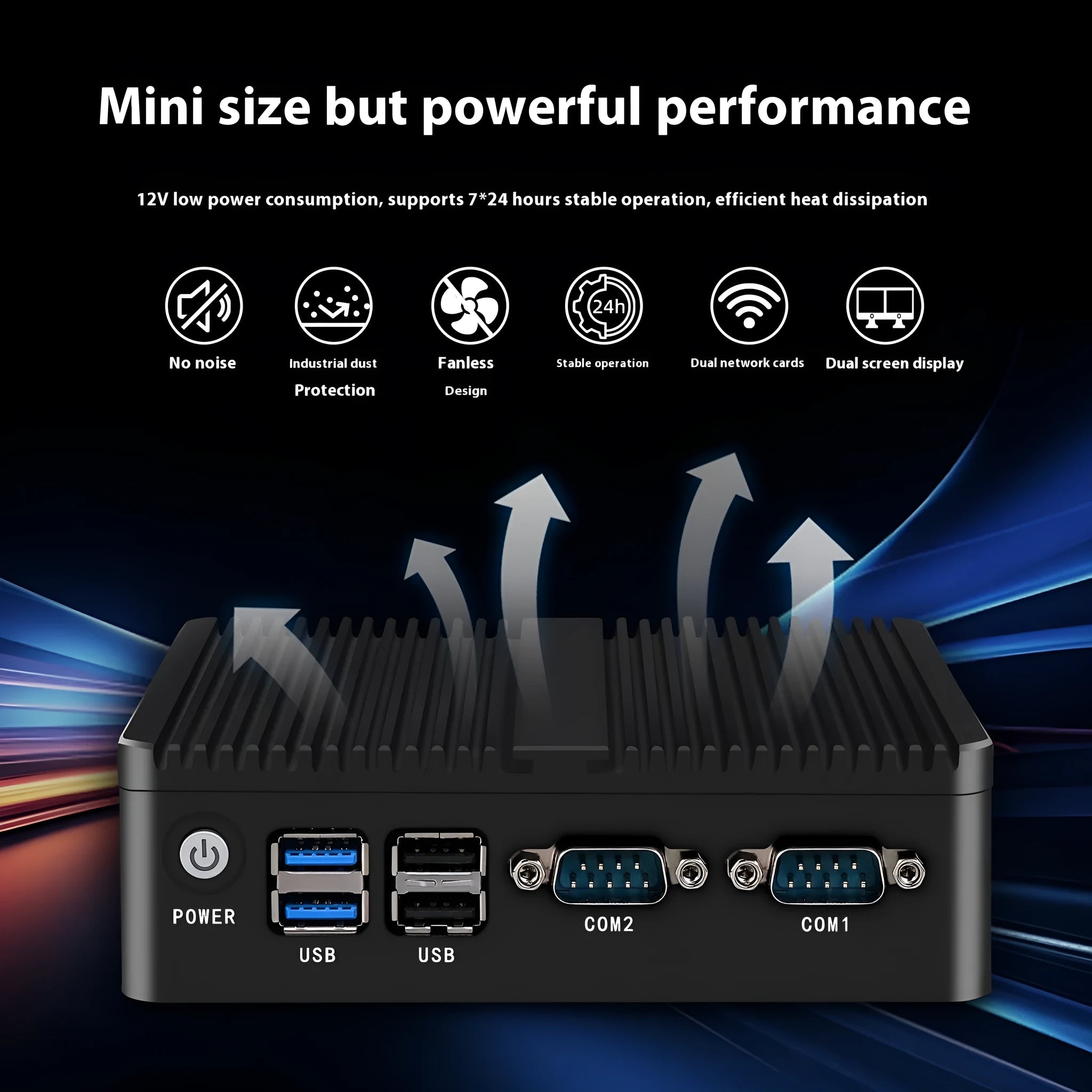 Compact industrial fanless mini PC with metal case, showing rear ports and small 13.6x12.7x4cm size.