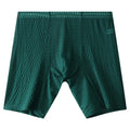 Men's transparent lace boxer briefs in light purple, showing the lengthened leg and mid-waist design.