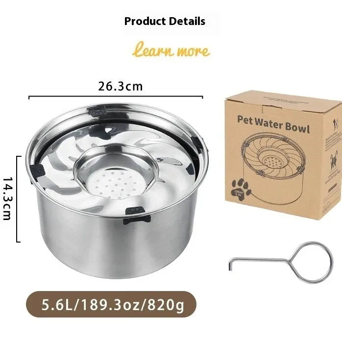 Silver stainless steel pet drinking bowl with wide opening, suitable for dogs and cats, large capacity option