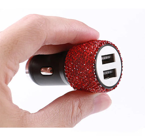 Car charger with diamond pattern design in red, white, black, pink, and AB colour options for cigarette lighter sockets.