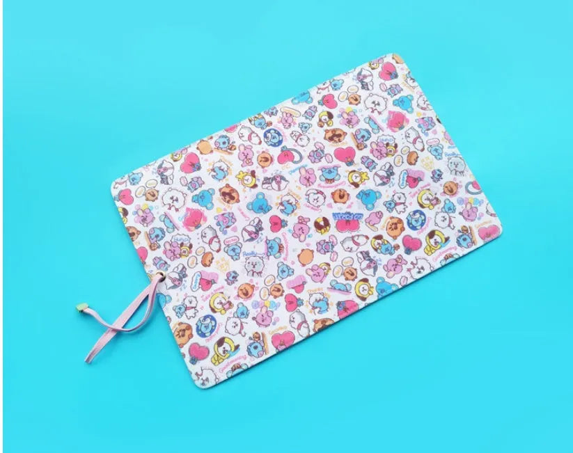 Student canvas stationery bag with BT21 full colour print, 19.5x29cm, open showing pens inside