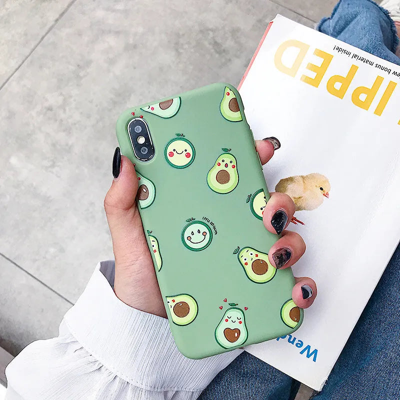 A green cartoon avocado design on a flexible TPU phone case for iPhone and Android models.