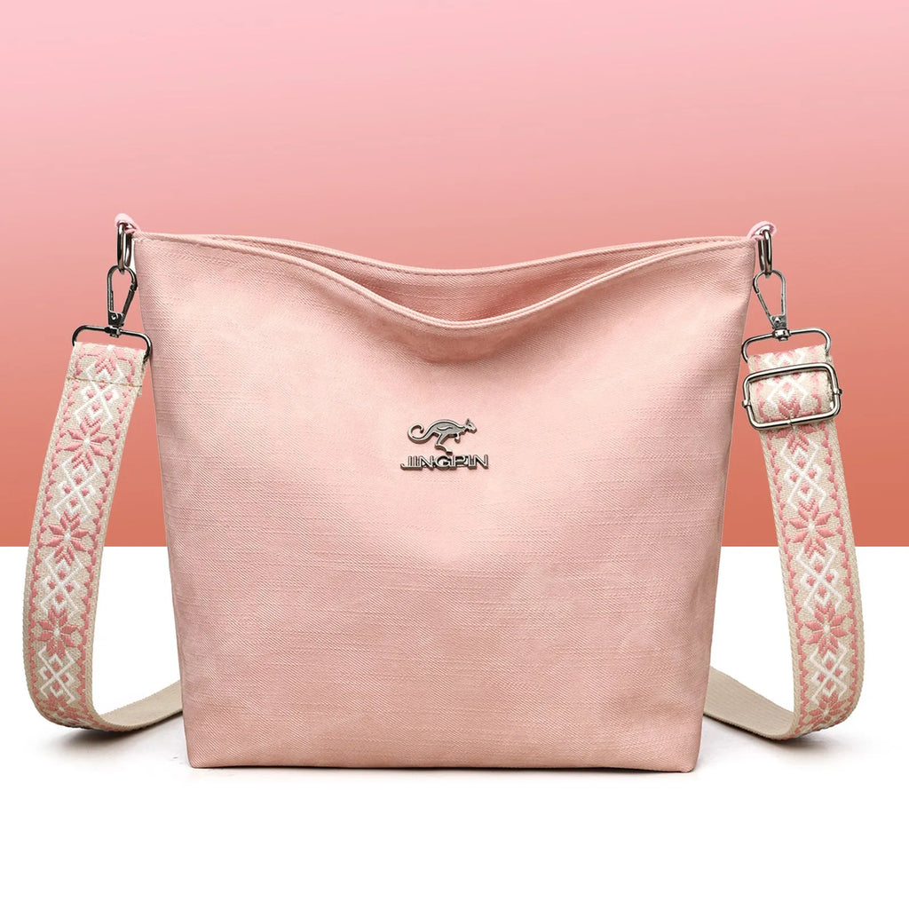 Soft PU shoulder bag in grey, pink, or yellow with adjustable strap and polyester lining
