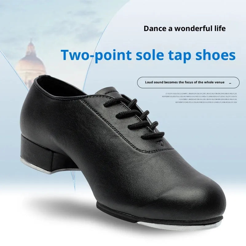 Adult tap dance shoes with leather upper, black men's style, on a plain background.