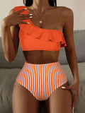 Women's striped solid colour split bikini swimsuit on a mannequin, showing the sleeveless top and briefs.