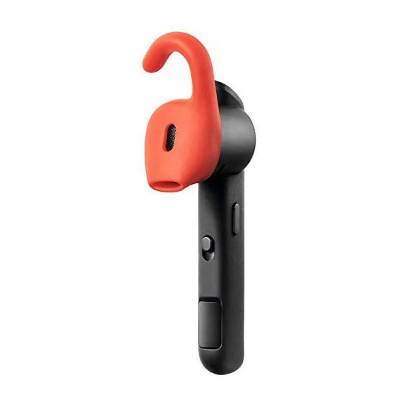 Black Bluetooth earphone with behind-the-ear design showing earpiece and control buttons