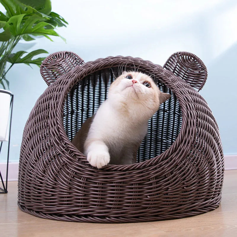 Semi-enclosed hand-knitted imitation rattan cat house with bear ear top in beige