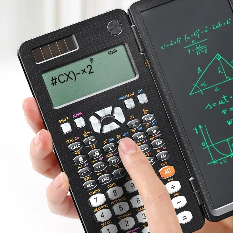 Black foldable 2-in-1 scientific calculator with handwriting tablet on blue LCD screen, ABS body, portable design