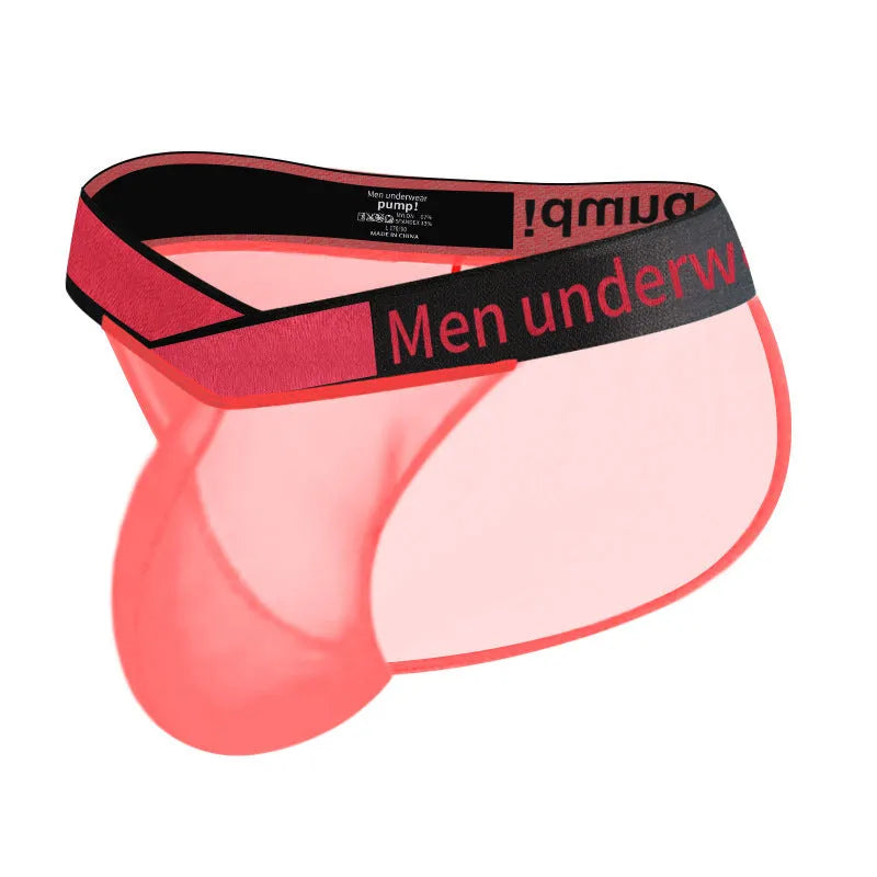 Men's transparent ice silk breathable underwear in black, red, or white with large V gradient high fork design