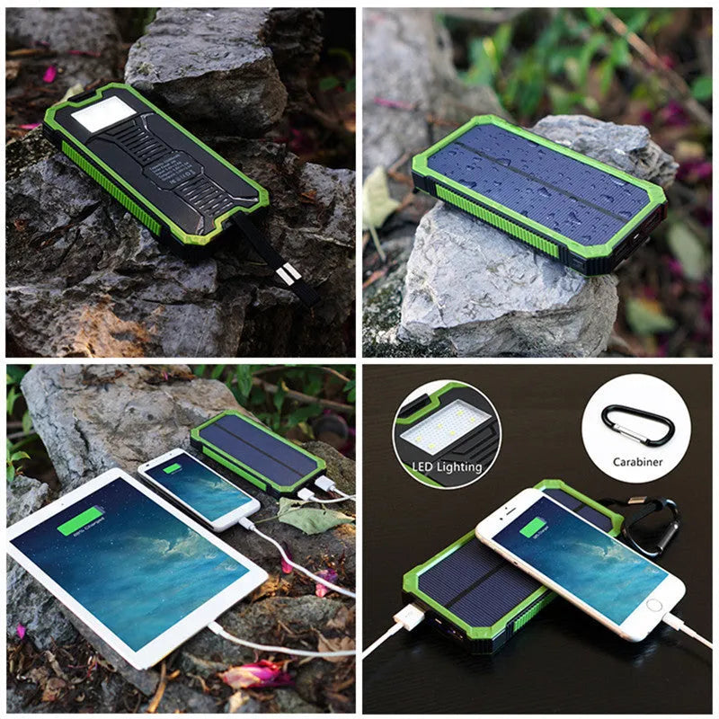 Solar power bank in orange, green, black, or yellow with display showing 6000, 8000, and 10000mAh capacity options.