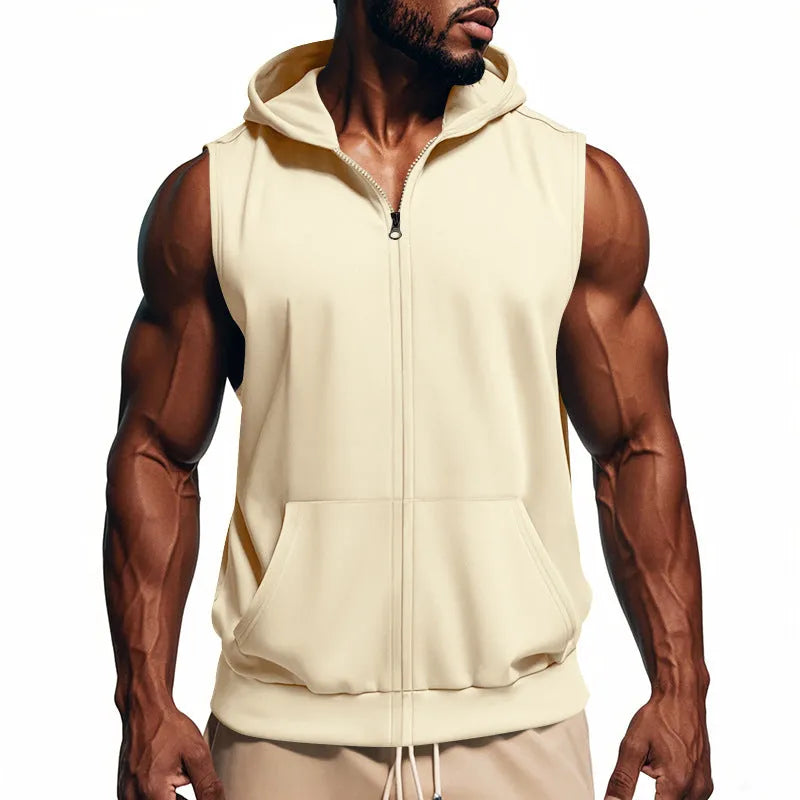 Men's sports fitness training zip-up sleeveless vest hooded summer top solid colour twill fabric