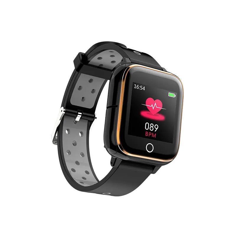 Black smartwatch bracelet with integrated Bluetooth earbuds stored in the side, showing 1.4-inch display