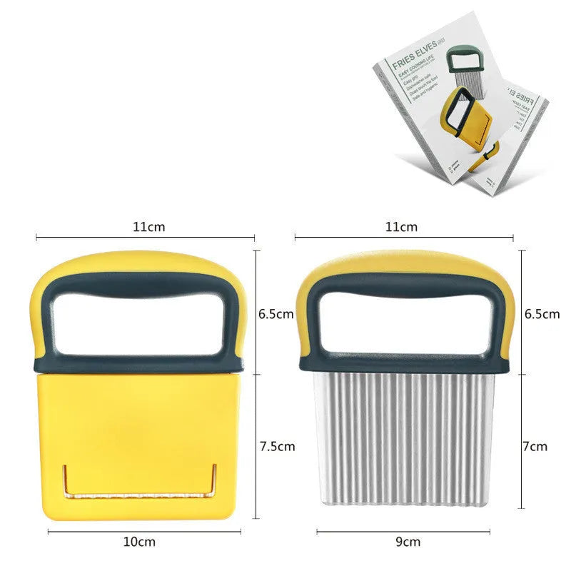 Stainless steel wolf tooth diced potato knife with wire-drawn finish in yellow colour box packaging