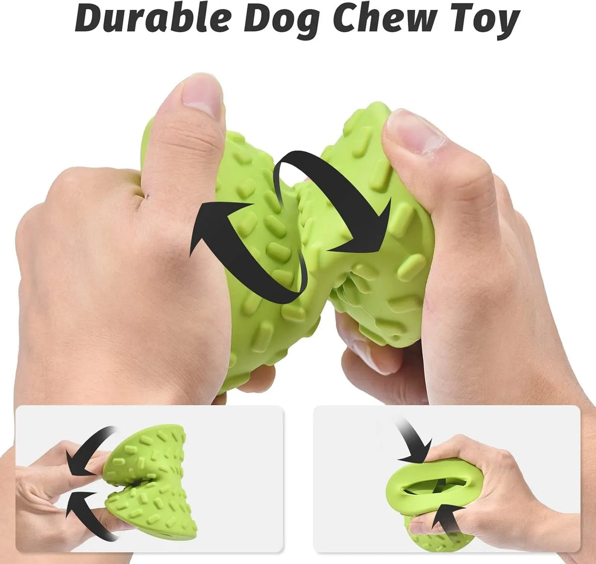 Blue natural rubber treat dispensing dog bone toy with double-sided food leakage holes on white background