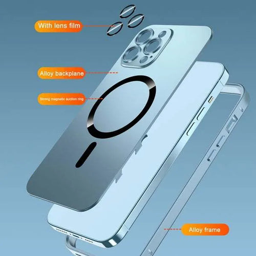 Aluminium alloy frame magnetic protective phone case for iPhone, shown in dark purple colour with nickel piece.