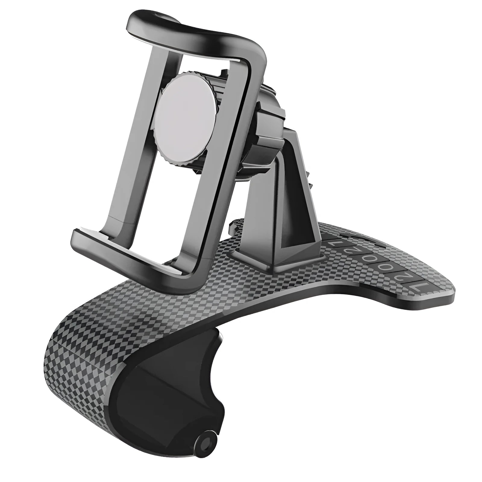 Black adjustable car phone holder with 360-degree rotating head on a car dashboard.