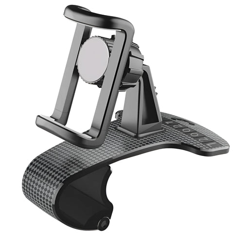 Black adjustable car phone holder with 360-degree rotating head on a car dashboard.