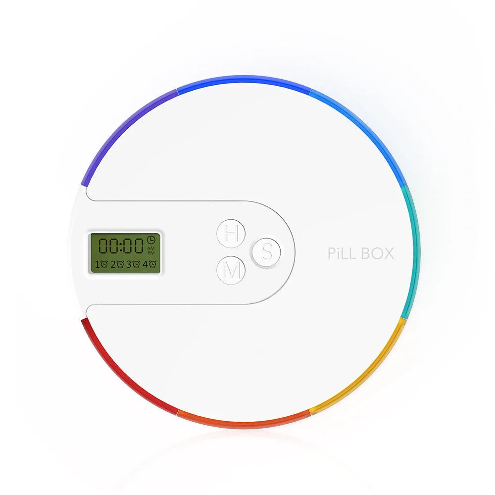 Seven-compartment alarm clock pill dispenser in blue, showing timer display and storage lids.