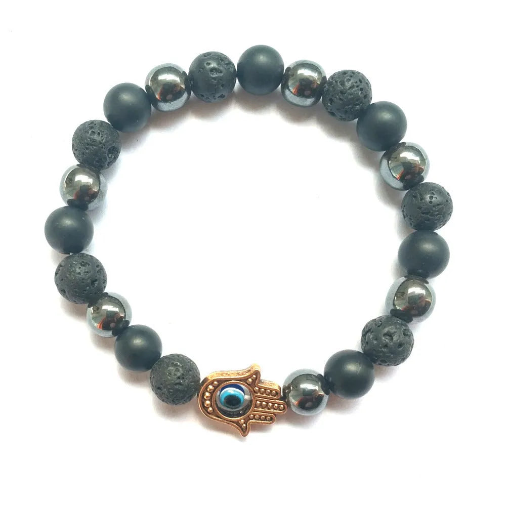 Handmade beaded bracelet with 8mm stone and alloy beads in silver finish, electroplated, 18cm circumference