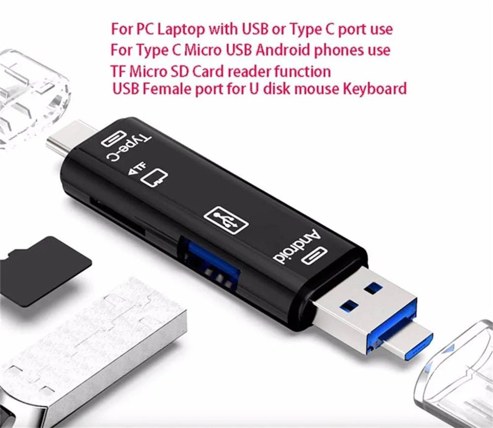 Black USB C OTG hub adapter with TF card slot and USB ports on white background