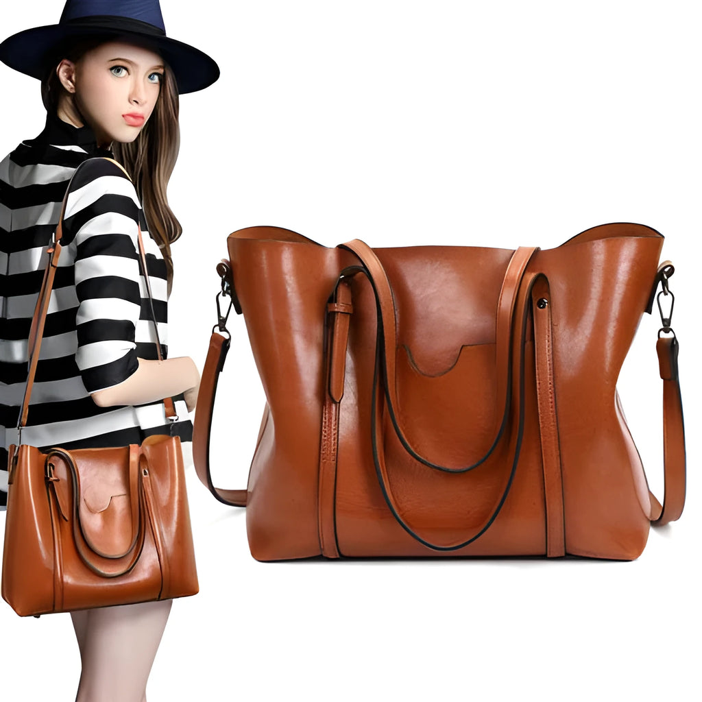 Brown retro-style women's PU leather messenger bag with a top handle and long shoulder strap.