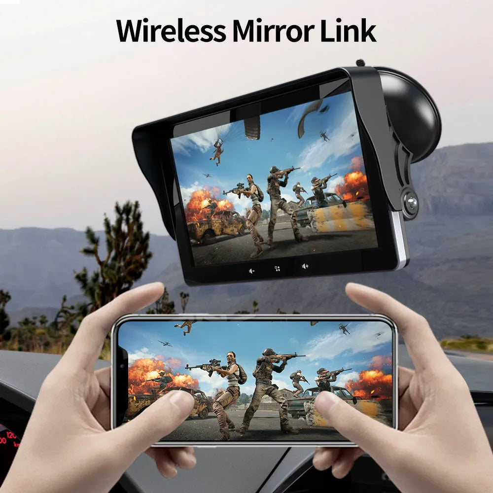 7 inch wireless CarPlay display for cars with a suction cup mount and 12V power cable.