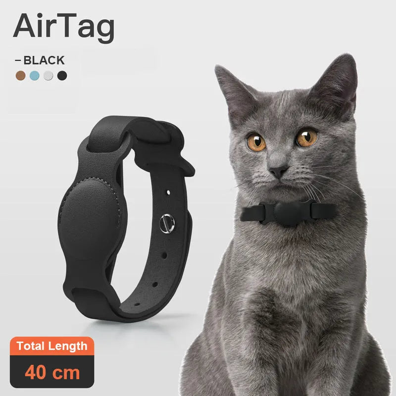 Leather pet collar AirTag holder in misty blue, adjustable 40cm, with silicone lining for anti-scratch protection