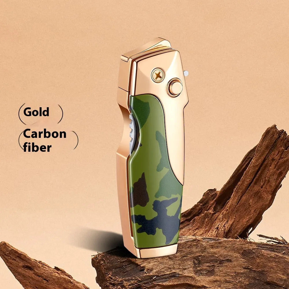 Zinc alloy metal folding lighter tool with integrated knife, shown in a carbon fibre finish.