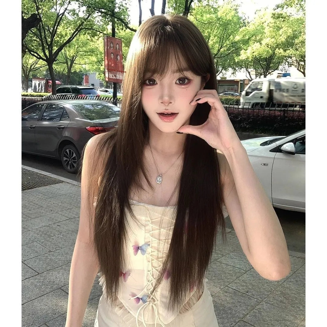 Brown-black high-temperature fibre ladies wig with wear-free hair net on a head cover