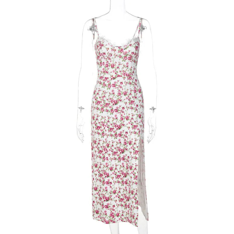 Women's long dress with lace flowers print pattern, side slit, and suspender straps in polyester fabric